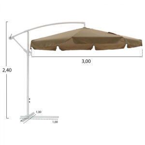ΟΜΠΡΕΛΑ ΚΡΕΜΑΣΤΗ Φ300x240cm. NOBLE HM6008.02 ΣΤΡΟΓΓΥΛΗ ΣΕ ΒΑΣΗ ΜΕ 4 ΠΟΔΙΑ ΜΟΚΑ ΛΕΥΚΟ